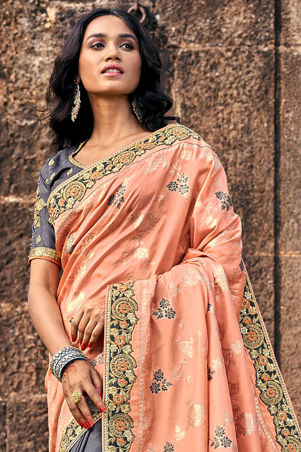 Peach,Grey Woven Designer Banarasi Saree With Embroidered Silk Blouse