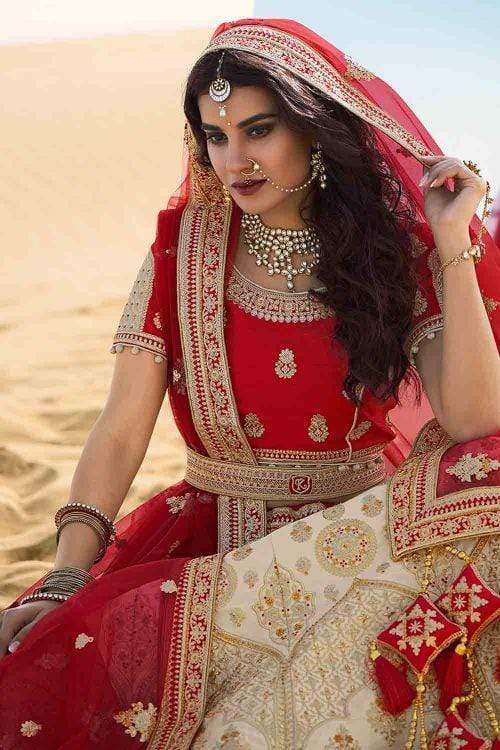 Off White And Red Designer Wedding Lehenga