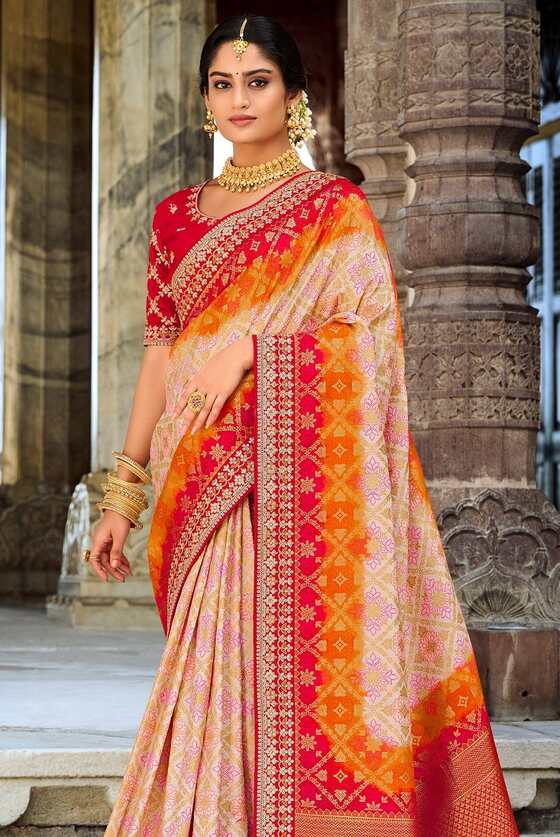 Red White Dola Silk Saree