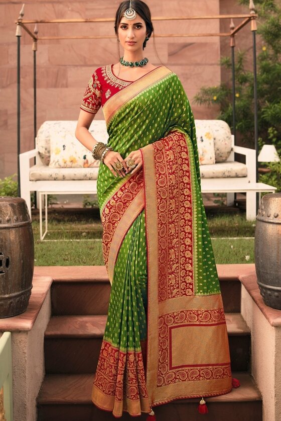 Forest Green Woven Banarasi Silk Saree With Embroidered Blouse