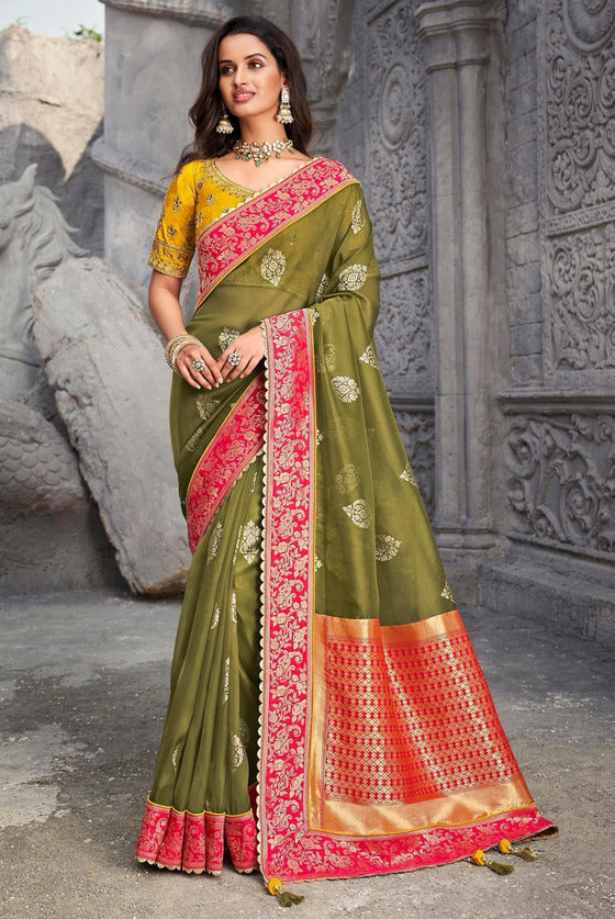 Mehendi Green Organza Silk Woven Butta Saree