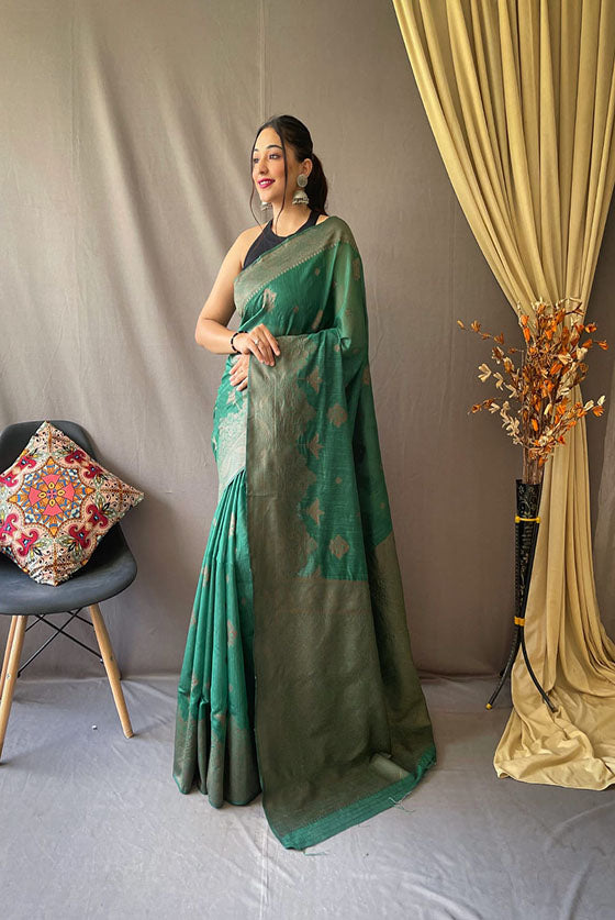 Green Soft Cotton Saree With Rich Copper Zari Weaving