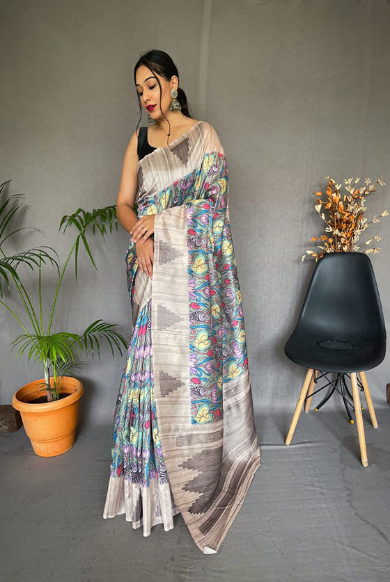 Multi Color Tussar Kalamkari Print Saree