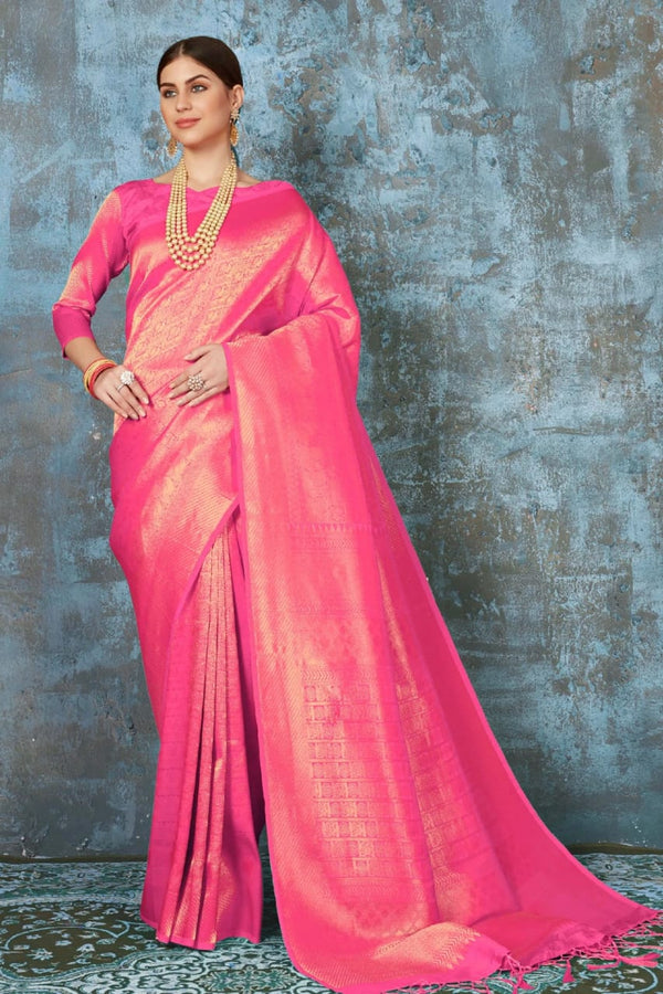 Deep Pink Zari Woven South Silk Saree