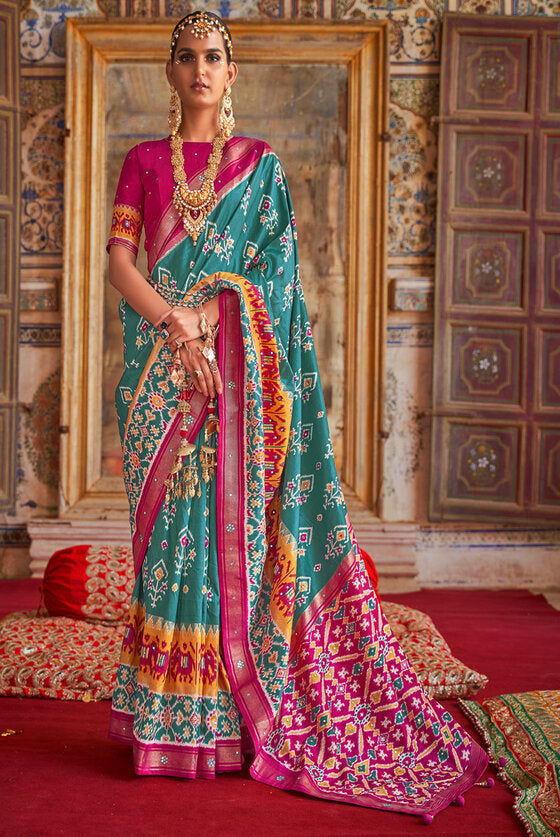 Munsell Blue & Pink Woven Patola Silk Saree With Mirror Work