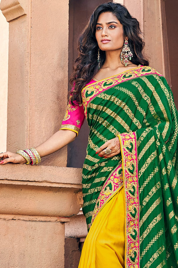 Dark Green And Yellow Woven Designer Banarasi Saree With Embroidered  Silk Blouse