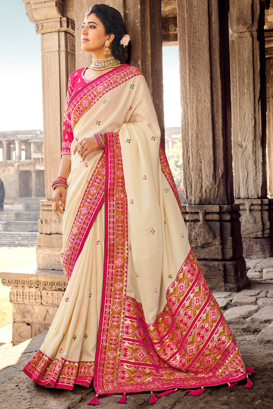 Classic Off White Banarasi Woven Silk Saree With Designer Blouse