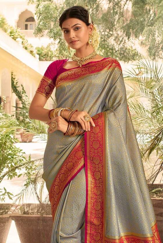 Coin Grey Woven Kanjivaram Silk Saree