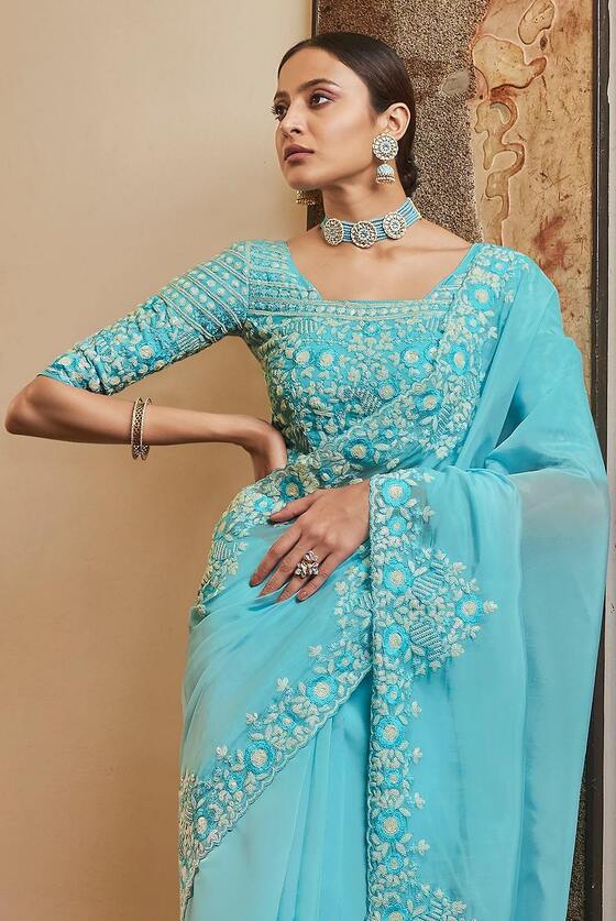 Sky Blue Organza Designer Saree