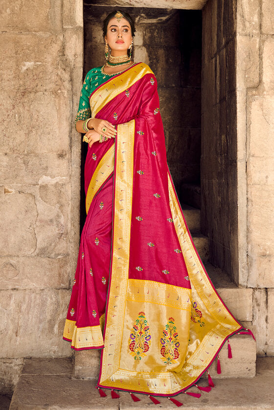 Traditional Red Banarasi Woven Silk Saree With Designer Blouse