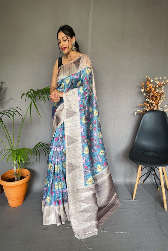 Blue Tussar Kalamkari Print Saree