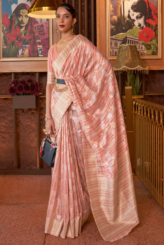 Gajari Pink Woven Linen Silk Saree With Floral Jaal