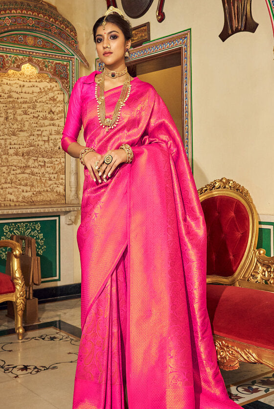 Royal Pink Woven Kanjivaram Silk Saree With Zari