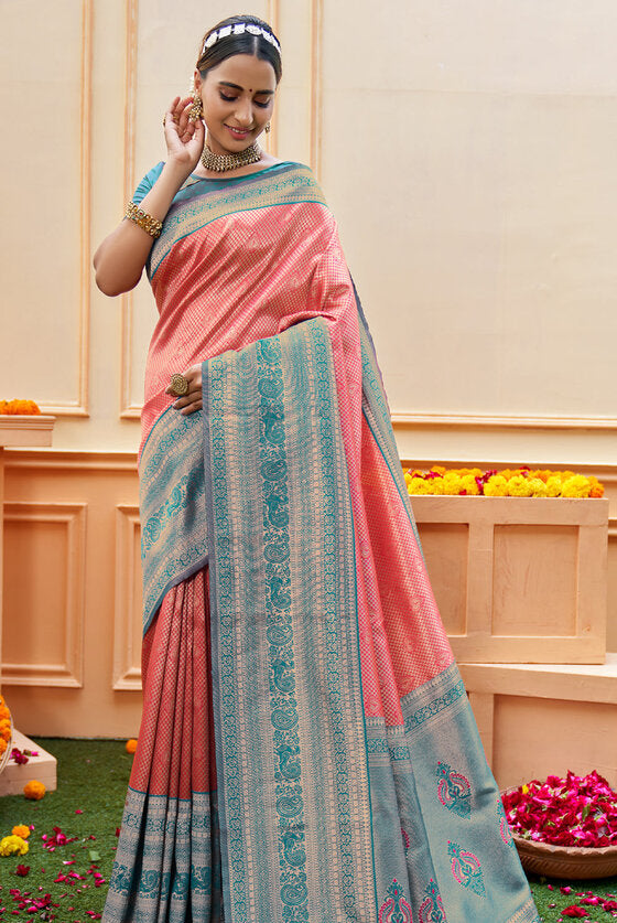 Hibiscus Red & Blue Woven Kanjivaram Silk Saree