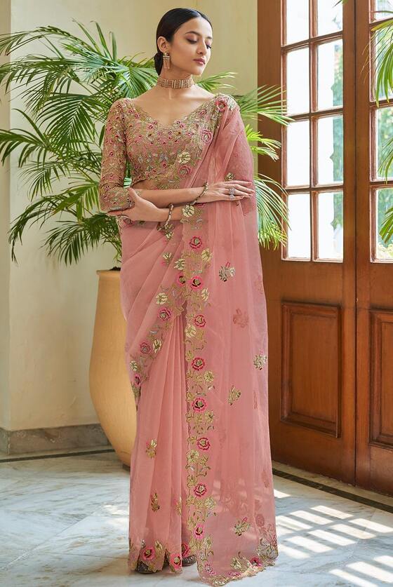 Peach Pink Organza Designer Saree