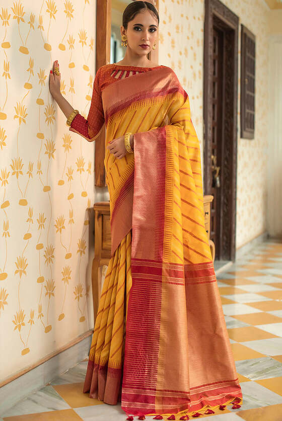 Carrot Yellow And Red Zari Woven Striped South Silk Saree