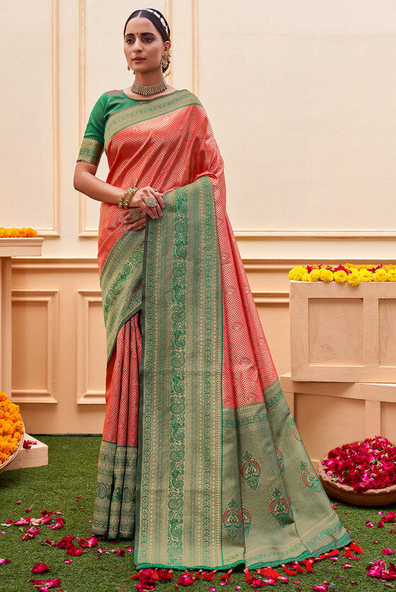 Scarlet Red & Green Woven Kanjivaram Silk Saree