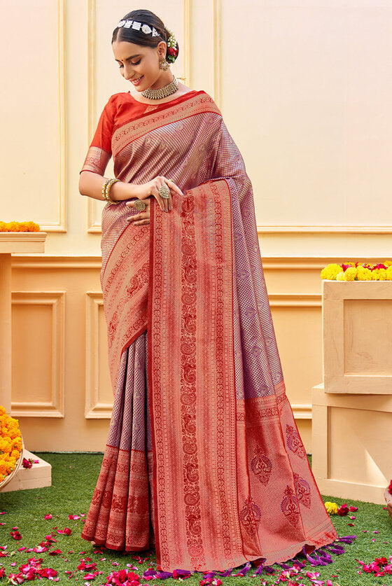 Byzantine Purple & Red Woven Kanjivaram Silk Saree