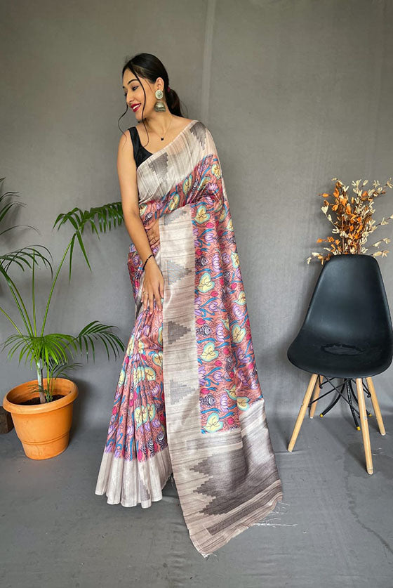 Baby Pink Tussar Kalamkari Print Saree