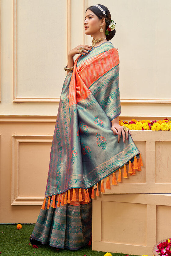 Blaze Orange & Blue Woven Kanjivaram Silk Saree