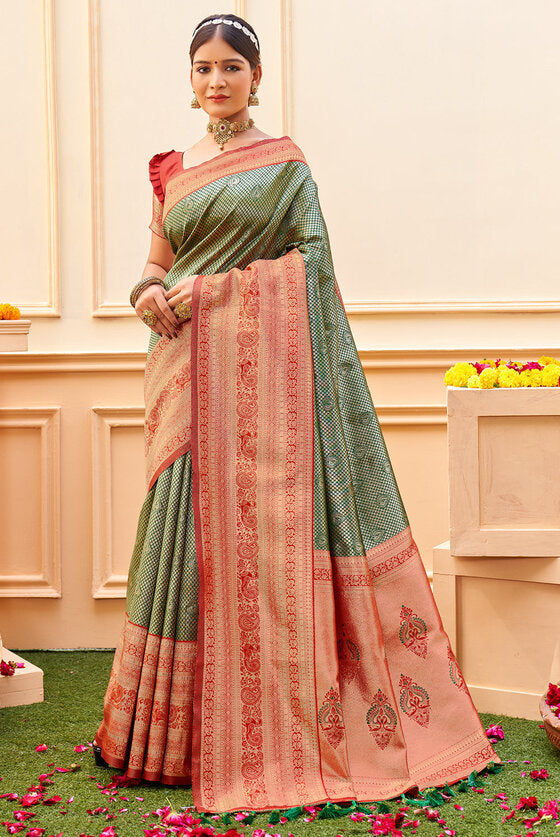 Forest Green & Red Woven Kanjivaram Silk Saree