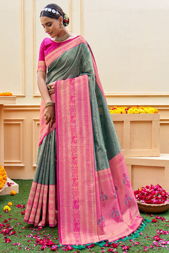 Turkish Blue & Pink Woven Kanjivaram Silk Saree