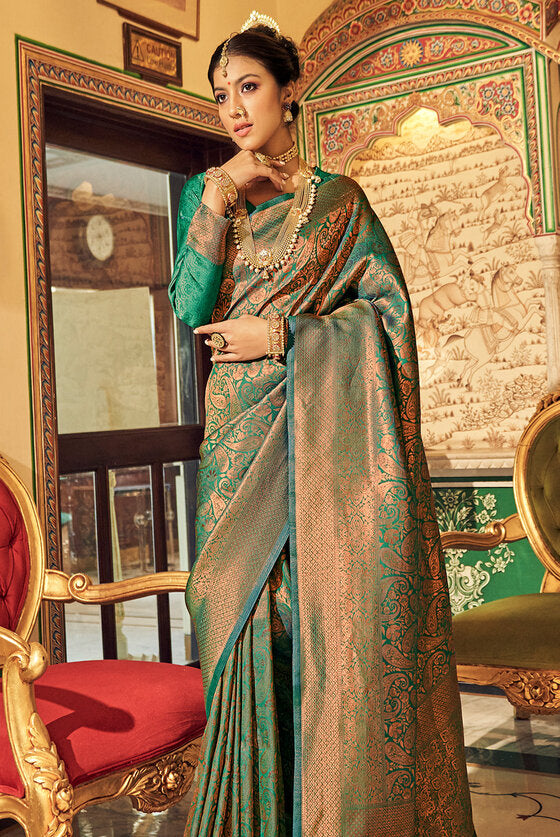 Pine Green Woven Kanjivaram Silk Saree With Zari