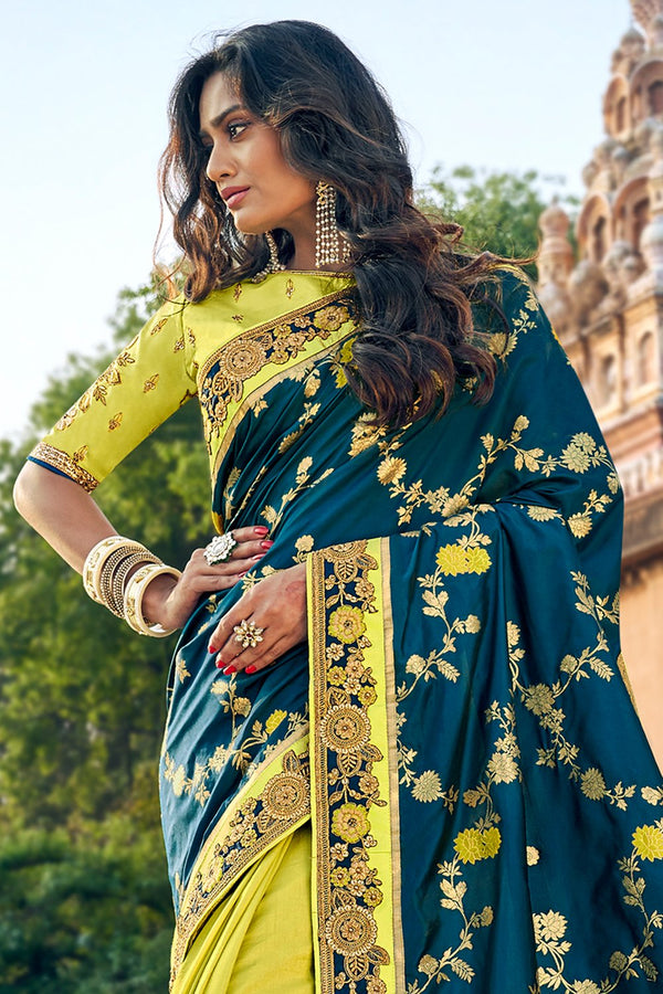 Lime Green And Blue Banarasi Silk Saree with Embroidered Border and Blouse