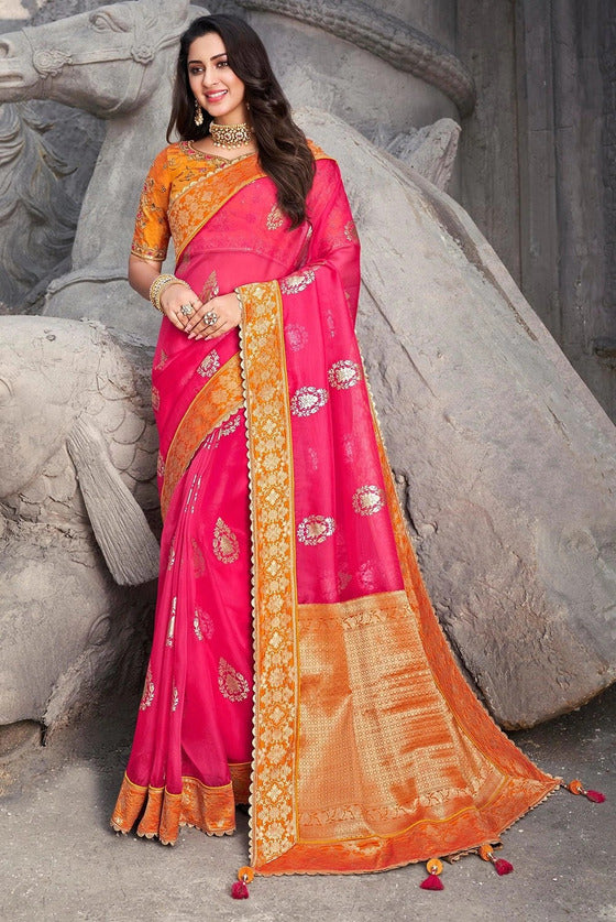 Pink Organza Silk Saree With Contrast Woven Pallu