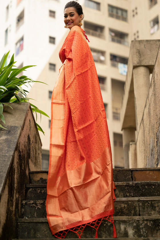 Burnt Orange Zari Woven Banarasi Silk Saree