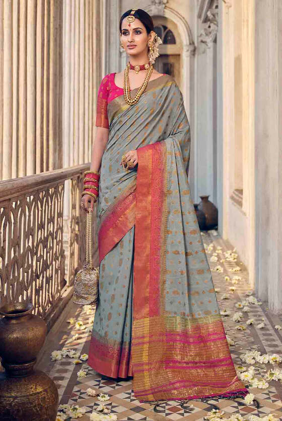 Shark Grey Floral Zari Woven Raw Silk Saree