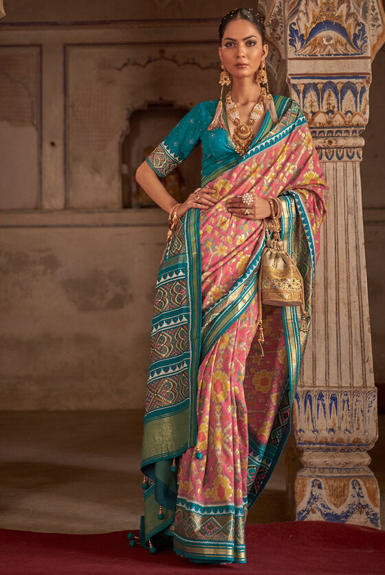 Rose Pink And Blue Patola Silk Saree