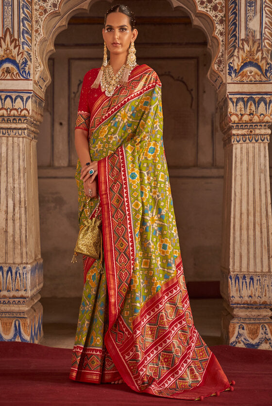 Green And Red Patola Silk Saree