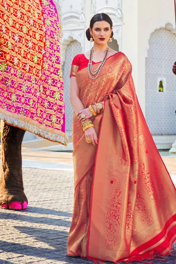 Cherry Red Woven South Silk Saree