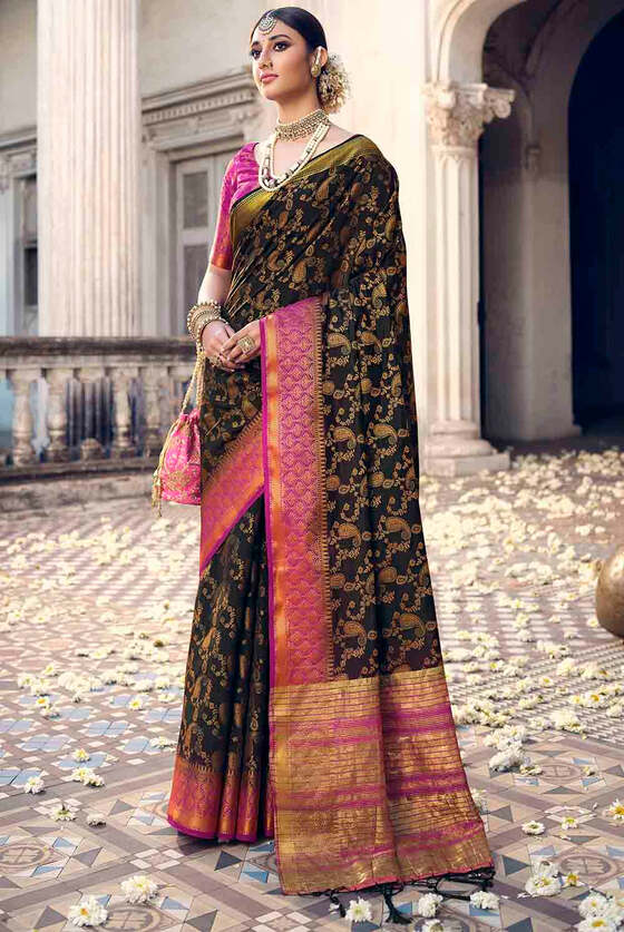 Charcoal Black Floral Zari Woven Raw Silk Saree