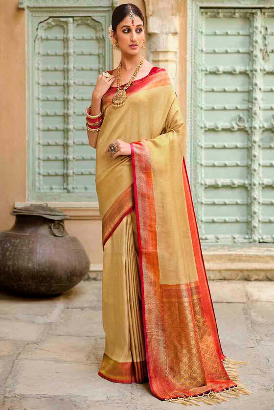 Beige Brown Woven Kanjivaram Silk Saree