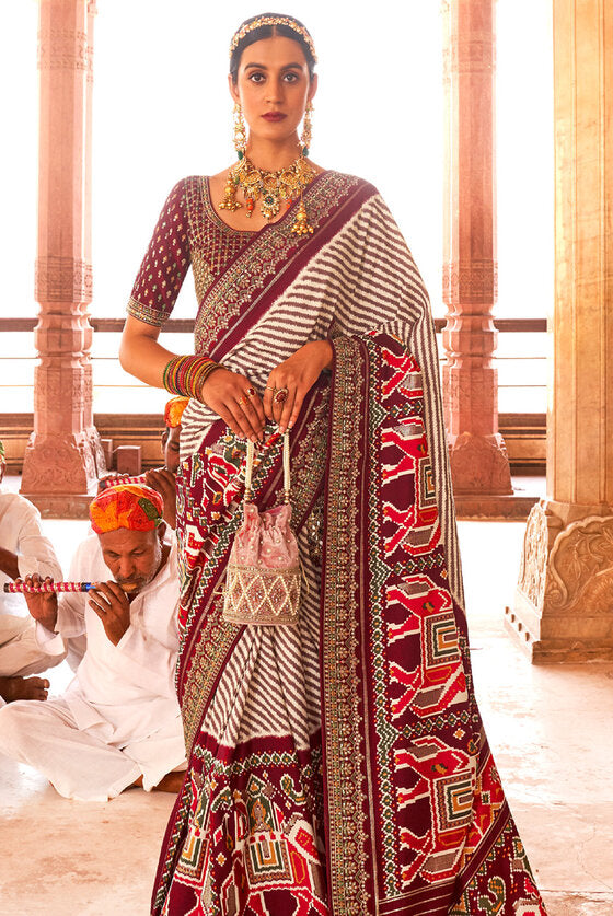 Royal Maroon Woven Patola Silk Saree With Heavy Border