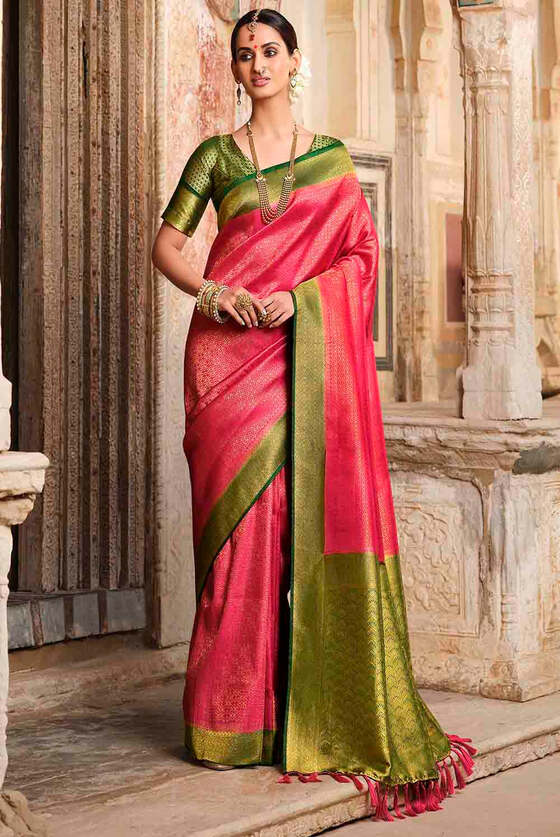 Cerise Pink Woven Kanjivaram Silk Saree