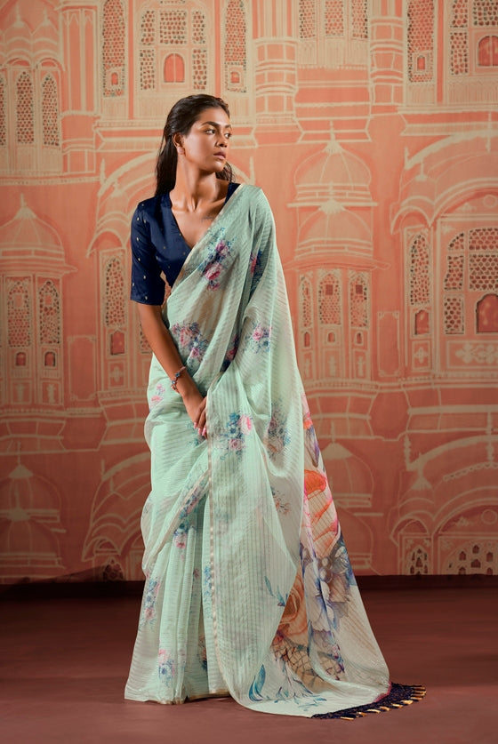 Mint Green Designer Organza Silk Saree