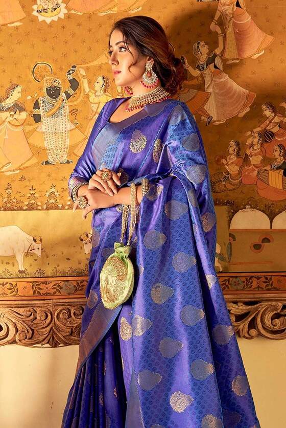 Moroccan Blue Woven Self Embossed Banarasi Silk Saree