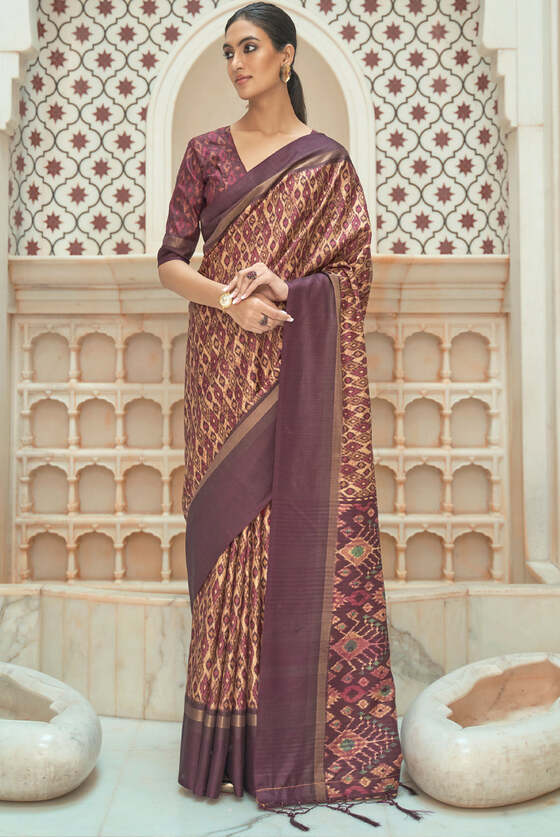 Brown And Beige Digital Patan Patola Printed Silk Saree