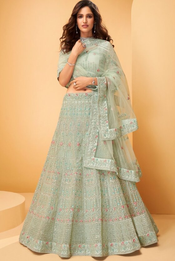 Glacial Green Exclusively Designed Heavy Embroidered Net Lehenga Choli