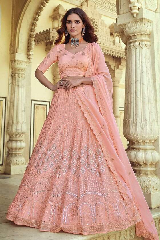 Coral Buff Peach Exclusive Georgette Based Sequins Lehenga Choli