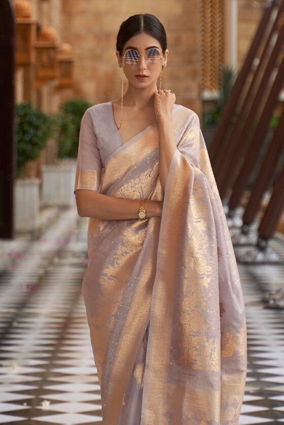 Lavender Grey Zari Woven Kota Banarasi Saree With Sequence Work