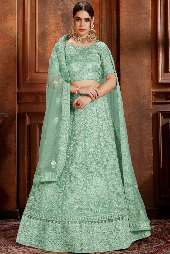 Pista Green Lehenga Choli With Stone, Pearl & self Embroidered work