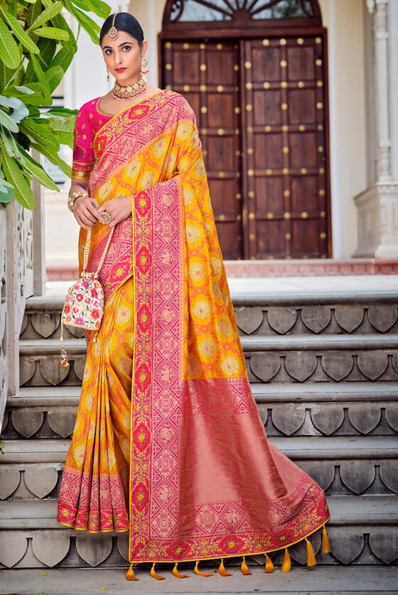 Orange Exclusive Designer Banarasi Saree With Embroidered Blouse