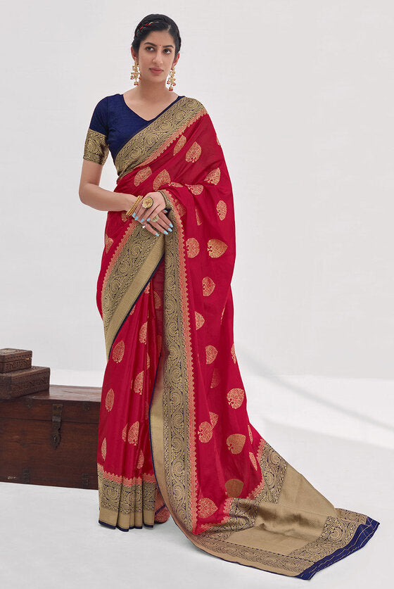 Crimson Red Zari Woven Organza Silk Saree