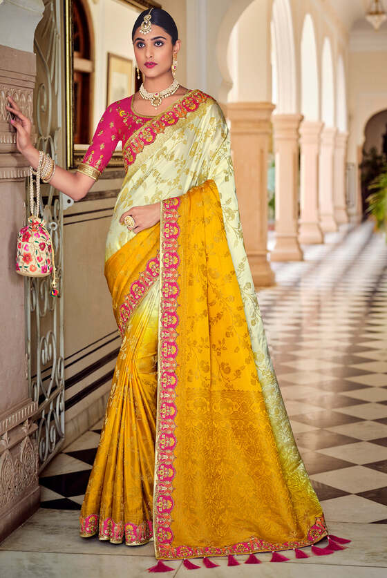 Yellow Exclusive Designer Banarasi Saree With Embroidered Blouse