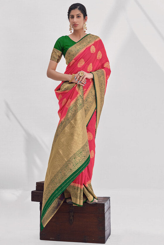 Punch Pink Zari Woven Organza Silk Saree