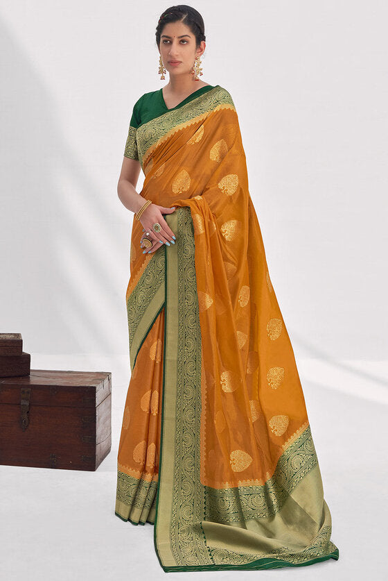 Mustard Yellow Zari Woven Organza Silk Saree